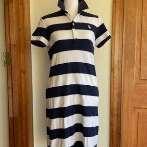 POLO RALPH LAUREN Striped Polo Mini Dress Cotton Blue & White M